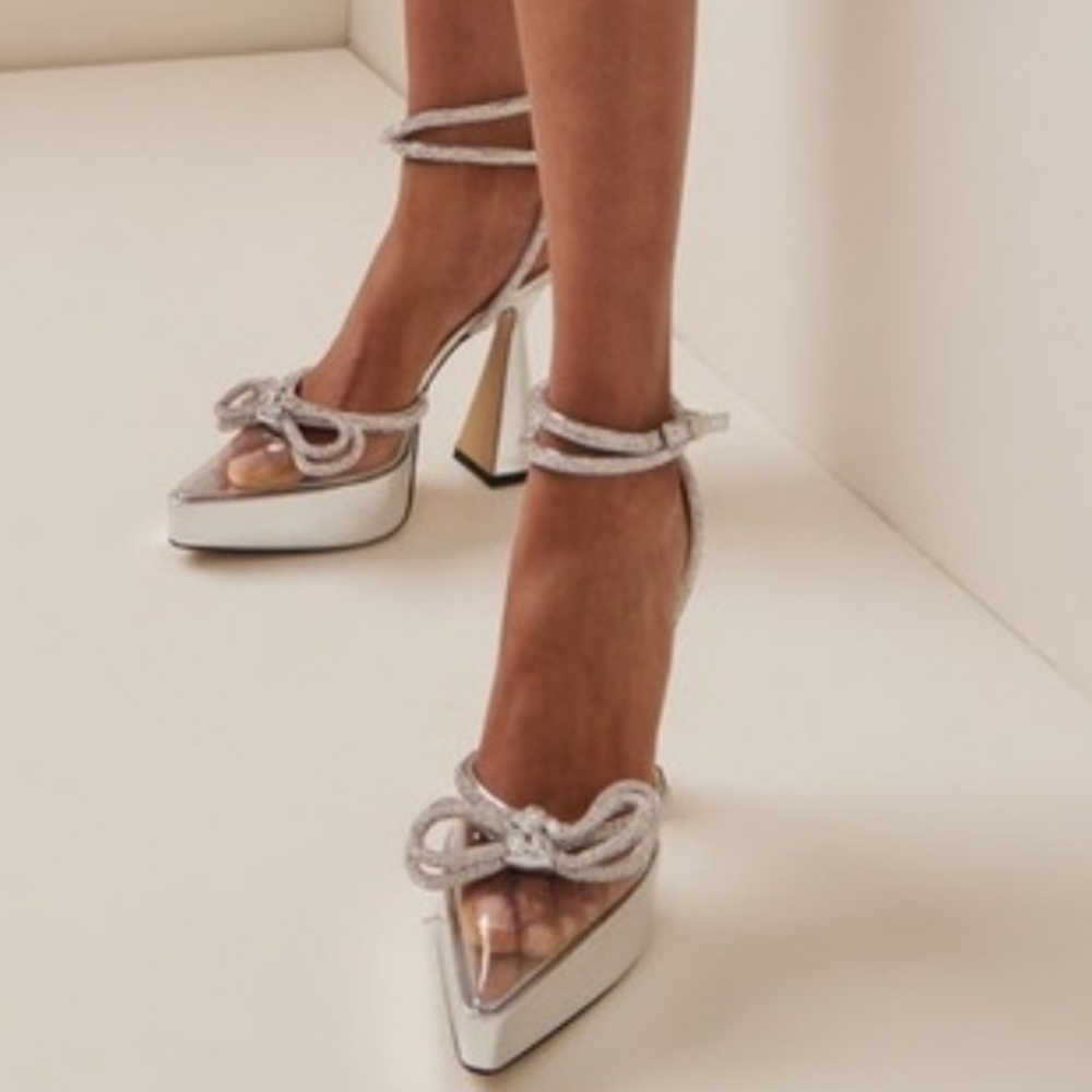 Mach & Mach Vero Cuoio Silver/Clear Rhinestone Crystal Double Bow Block  Heels
